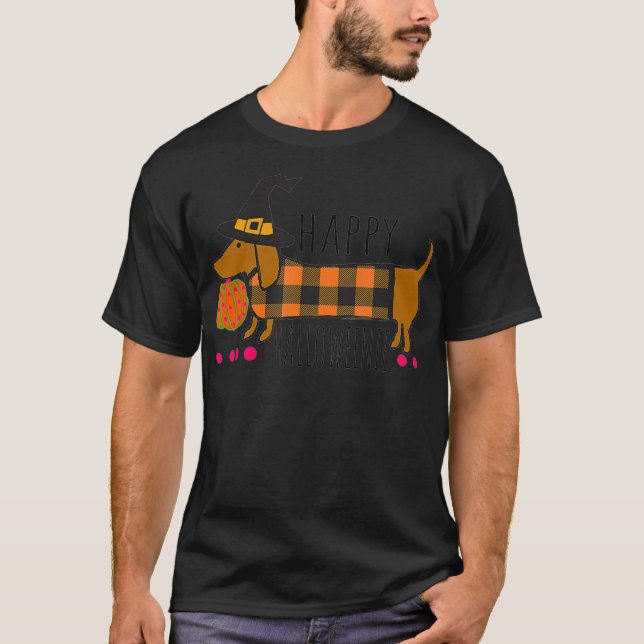 Funny Happy Halloweenie Dachshund Halloween Buffal T-Shirt (Front)