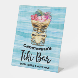 Funny Happy Hour Monogrammed Tiki Bar Pedestal Sign