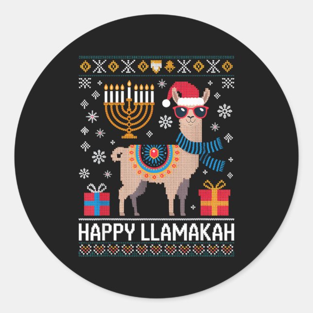 Funny Happy Llamakah Llama With Menorah  Classic Round Sticker (Front)