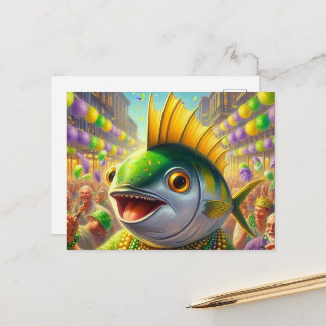 Funny Happy Mardi Gras Fish Postcard (Front/Back In Situ)