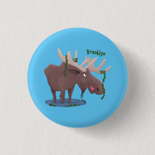 Funny happy moose cartoon illustration 3 cm round badge