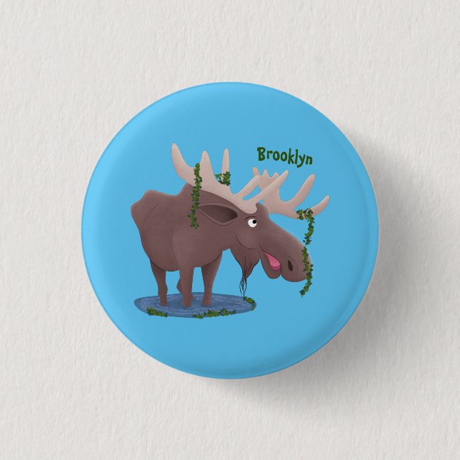 Funny happy moose cartoon illustration 3 cm round badge (Front)
