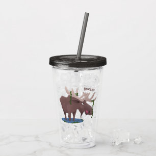 Funny happy moose cartoon illustration acrylic tumbler
