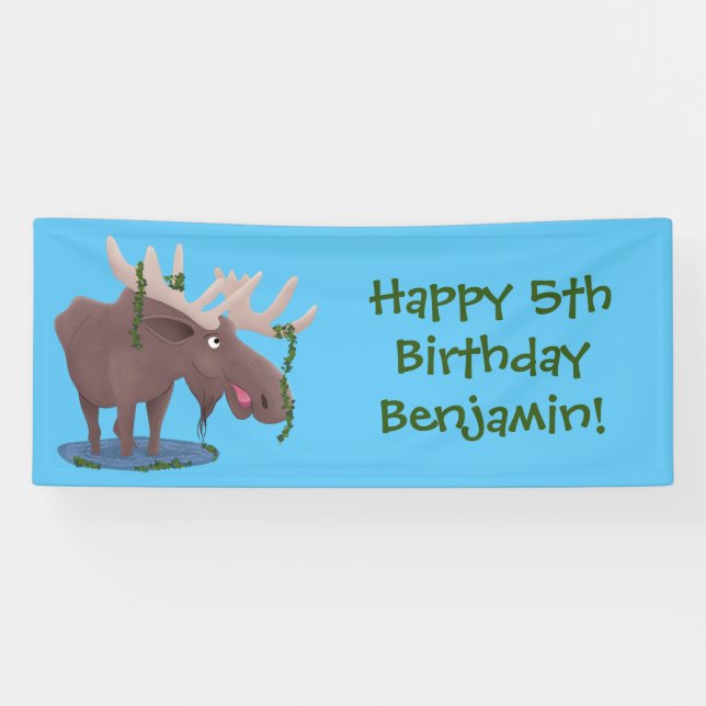 Funny happy moose cartoon illustration banner (Horizontal)