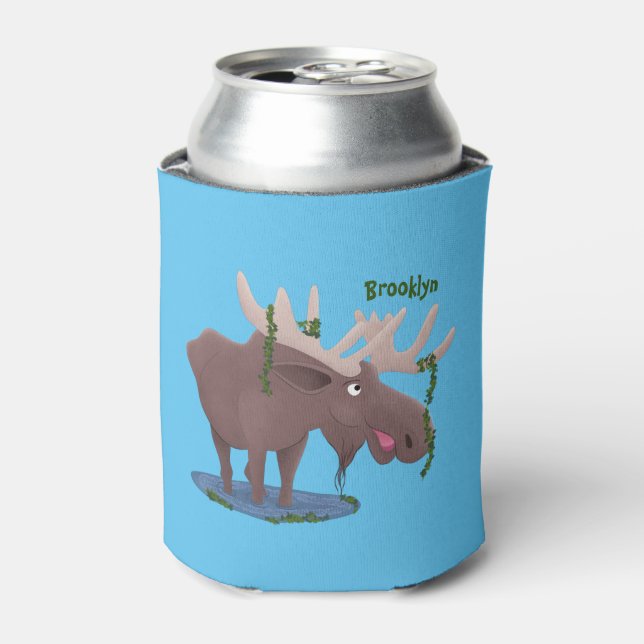 Funny happy moose cartoon illustration can cooler (Can Front)