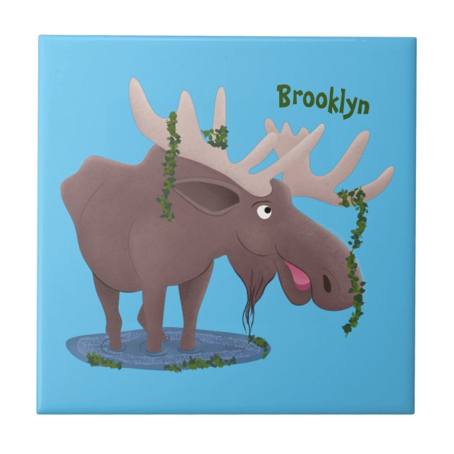 Funny happy moose cartoon illustration ceramic tile (Front)