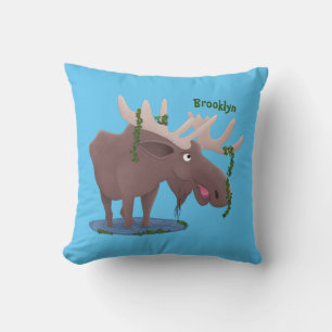 Funny happy moose cartoon illustration cushion