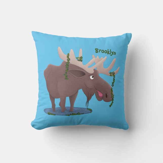 Funny happy moose cartoon illustration cushion (Front)