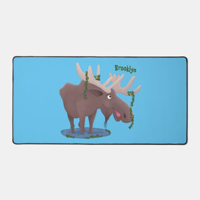 Funny happy moose cartoon illustration desk mat (Front)