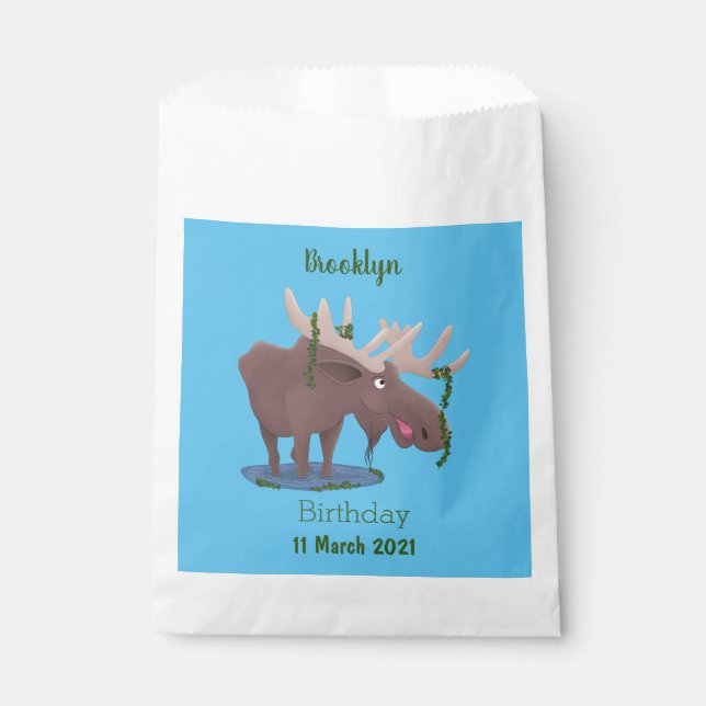 Funny happy moose cartoon illustration favour bag (Front)