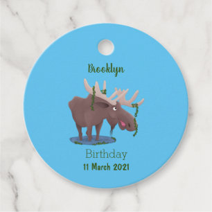 Funny happy moose cartoon illustration favour tags