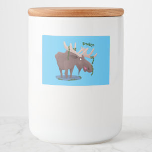 Funny happy moose cartoon illustration food label