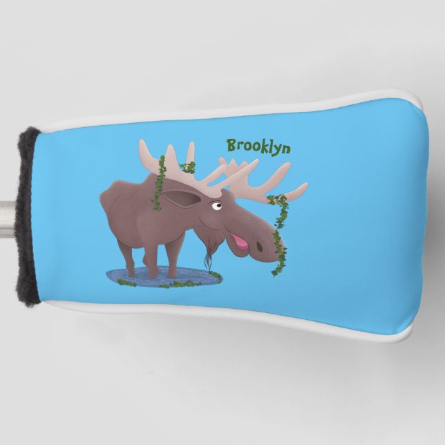 Funny happy moose cartoon illustration golf head cover (Front)