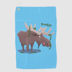 Funny happy moose cartoon illustration golf towel
