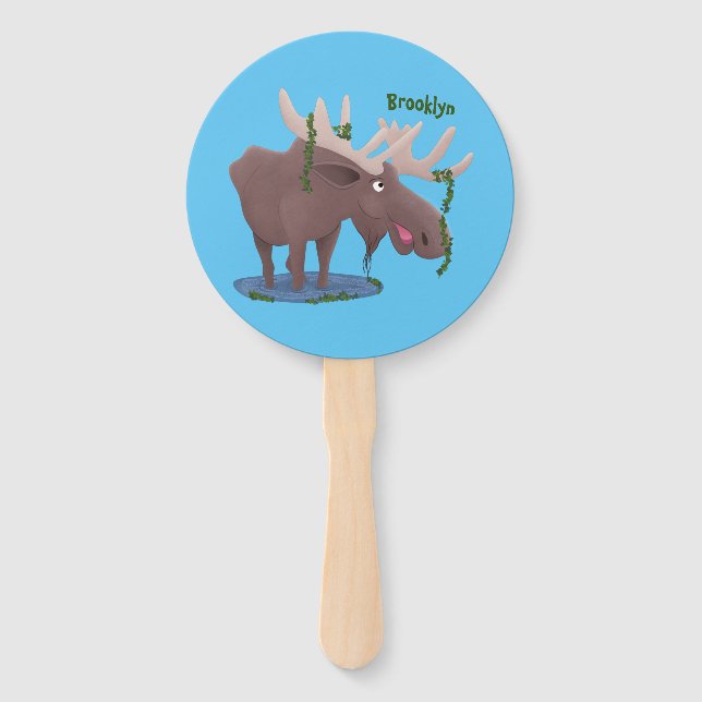 Funny happy moose cartoon illustration hand fan (Front)