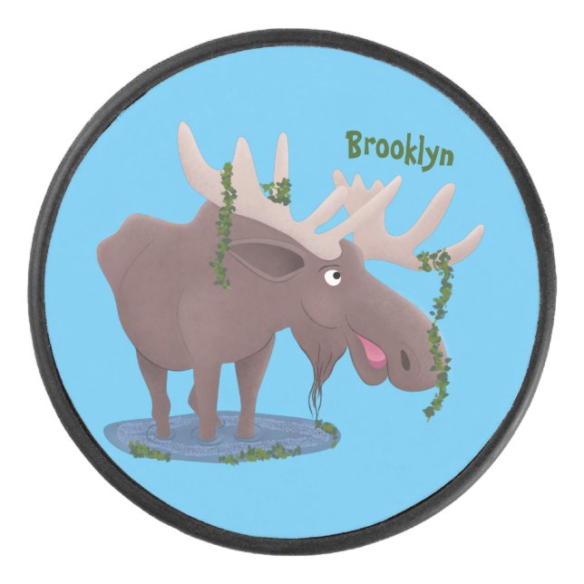 Funny happy moose cartoon illustration hockey puck (Front)