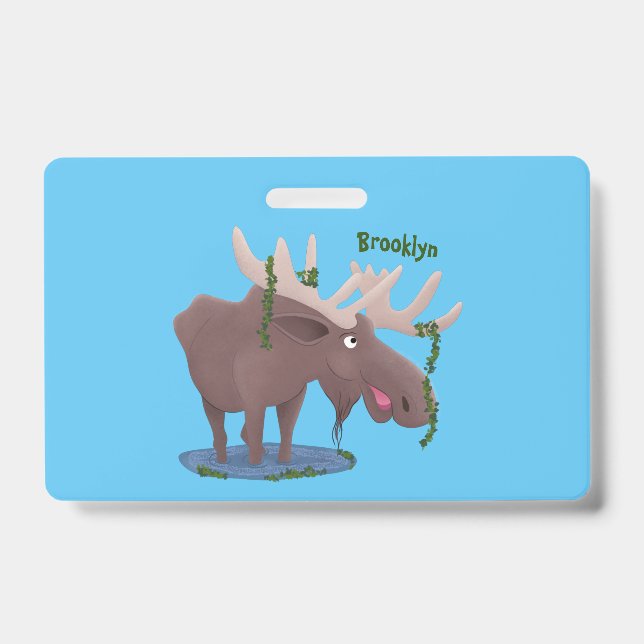 Funny happy moose cartoon illustration ID badge (Front)