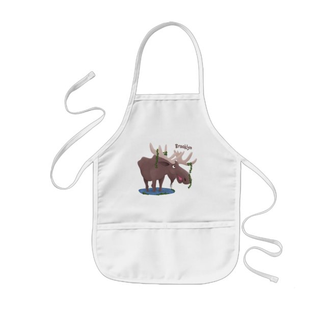 Funny happy moose cartoon illustration kids apron (Front)