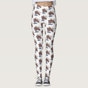 Funny happy moose cartoon illustration leggings