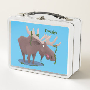 Funny happy moose cartoon illustration metal lunch box