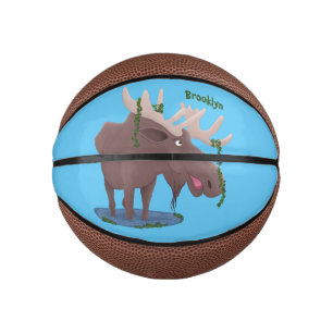 Funny happy moose cartoon illustration mini basketball