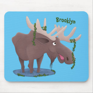Funny happy moose cartoon illustration mouse pad