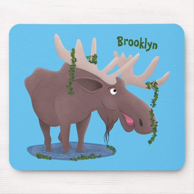 Funny happy moose cartoon illustration mouse pad (Front)