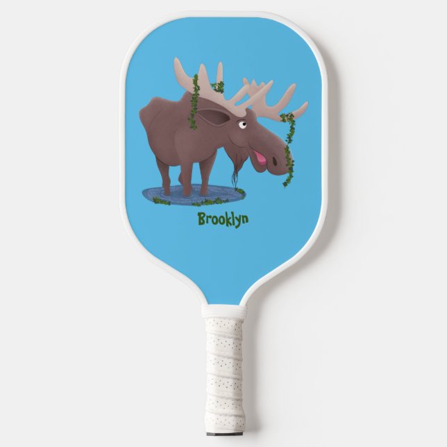 Funny happy moose cartoon illustration  pickleball paddle (Front)