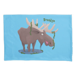Funny happy moose cartoon illustration pillowcase