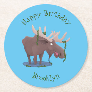 Funny happy moose cartoon illustration round paper coaster