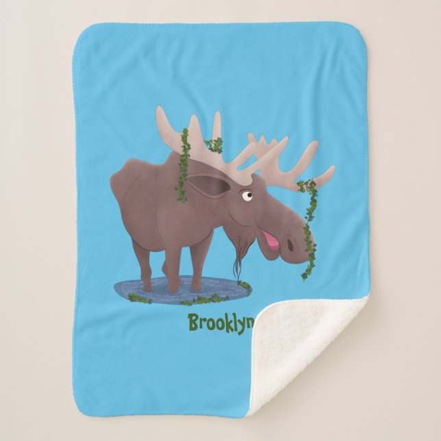 Funny happy moose cartoon illustration  sherpa blanket (Front)