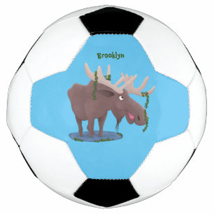 Funny happy moose cartoon illustration soccer ball