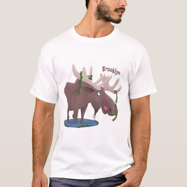 Funny happy moose cartoon illustration T-Shirt (Front)