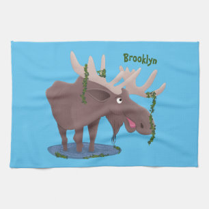Funny happy moose cartoon illustration tea towel
