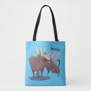 Funny happy moose cartoon illustration tote bag
