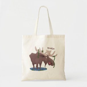 Funny happy moose cartoon illustration tote bag