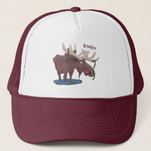 Funny happy moose cartoon illustration trucker hat