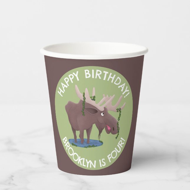 Funny happy moose personalised cartoon birthday paper cups (Front)