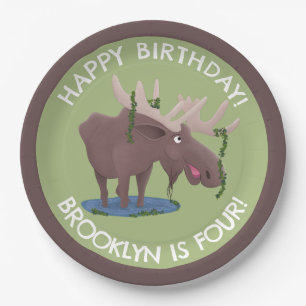 Funny happy moose personalised cartoon birthday paper plate