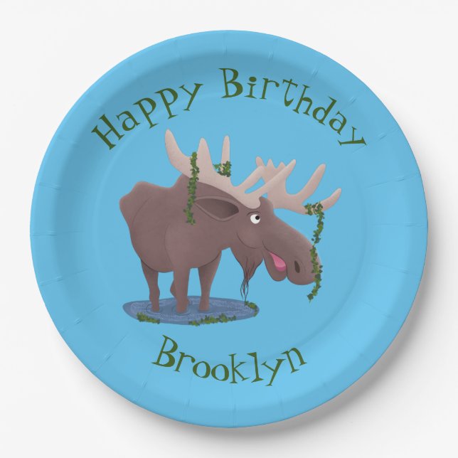 Funny happy moose personalised cartoon birthday paper plate (Front)
