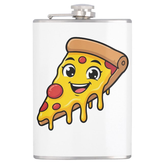Funny Happy Pizza Slice with Stretchy Cheese Cute  Hip Flask (Front)
