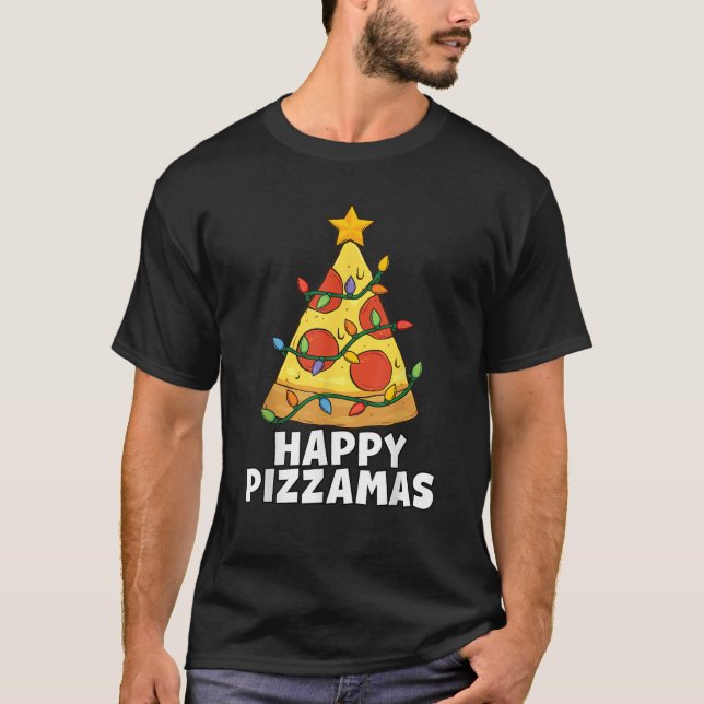 Funny Happy Pizzamas Crustmas Pizza Christmas Tree T-Shirt (Front)