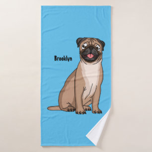 Funny happy pug dog cartoon illustration bath towel set