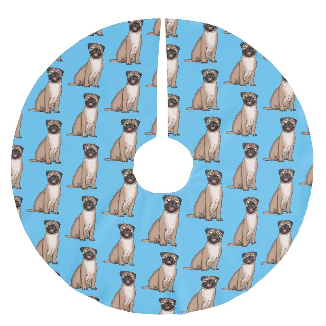 Funny happy pug dog cartoon illustration brushed polyester tree skirt (Front)