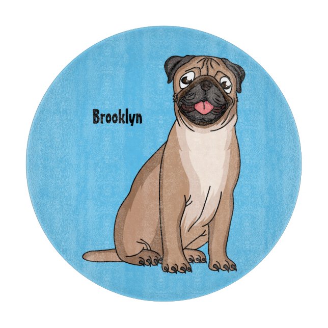 Funny happy pug dog cartoon illustration cutting board (Front)