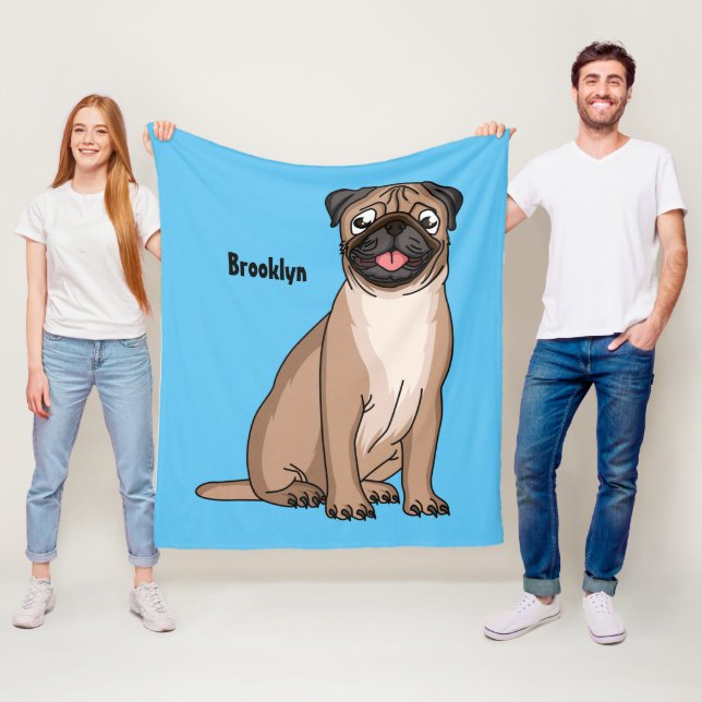 Funny happy pug dog cartoon illustration fleece blanket (In Situ)