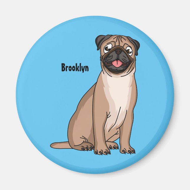 Funny happy pug dog cartoon illustration magnet (Front)