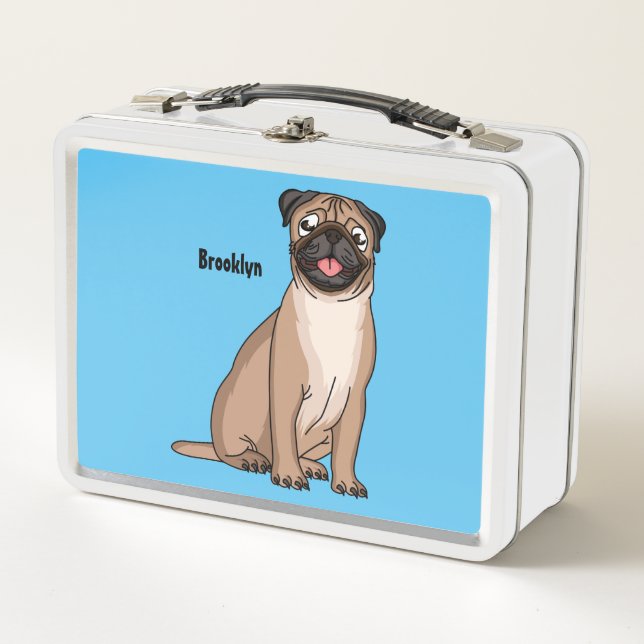 Funny happy pug dog cartoon illustration metal lunch box (Front)