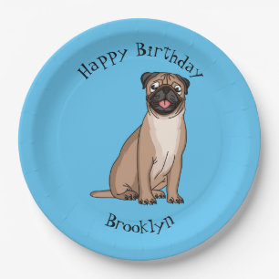 Funny happy pug dog cartoon illustration  paper plate
