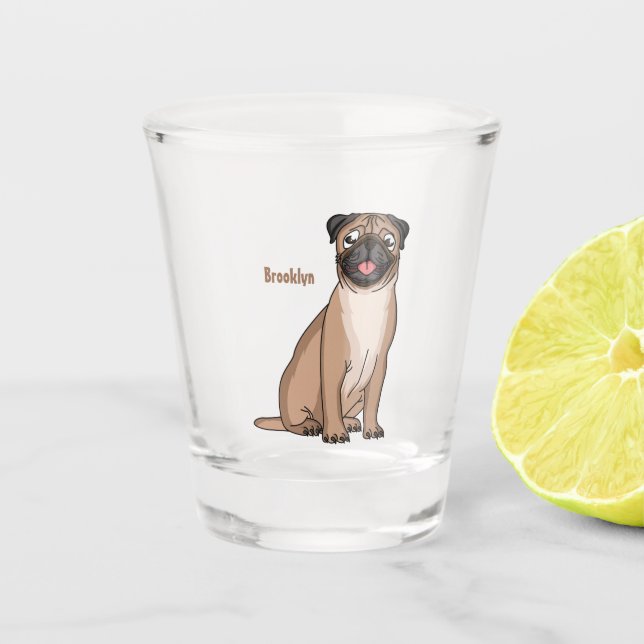 Funny happy pug dog cartoon illustration shot glass (Front)